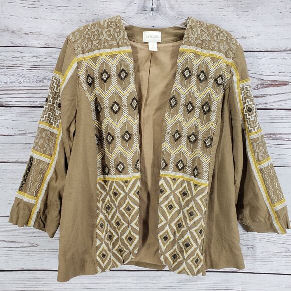 Chico's Women's Diamond Artisan Linen Blend Open Blazer Jacket Size 2 - Picture 1 of 12